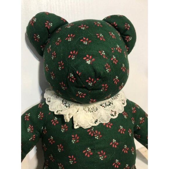Vintage Handmade Green Teddy Bear With Lace Collar & Floral Print - Picture 2 of 4